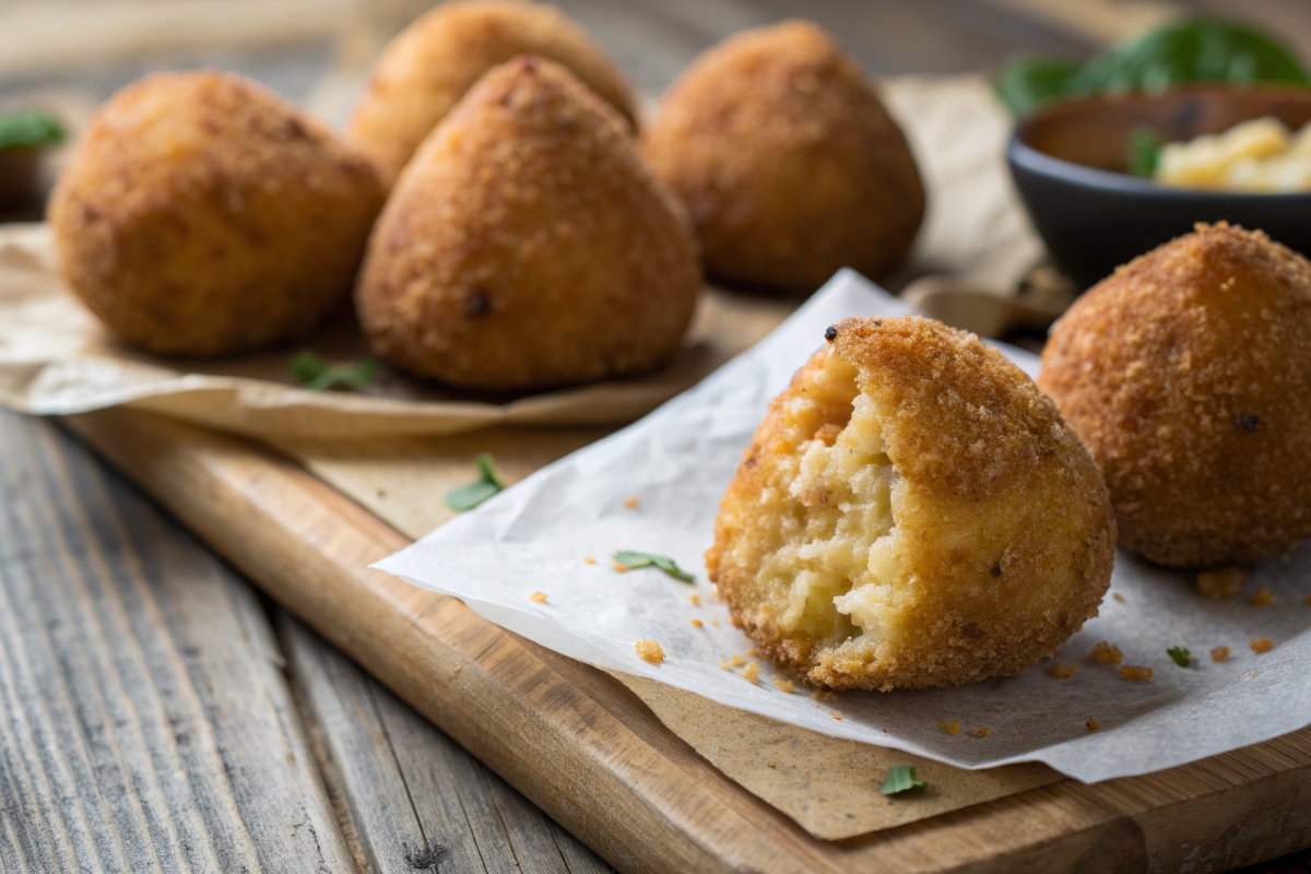 Arancini siciliani su tagliere di legno