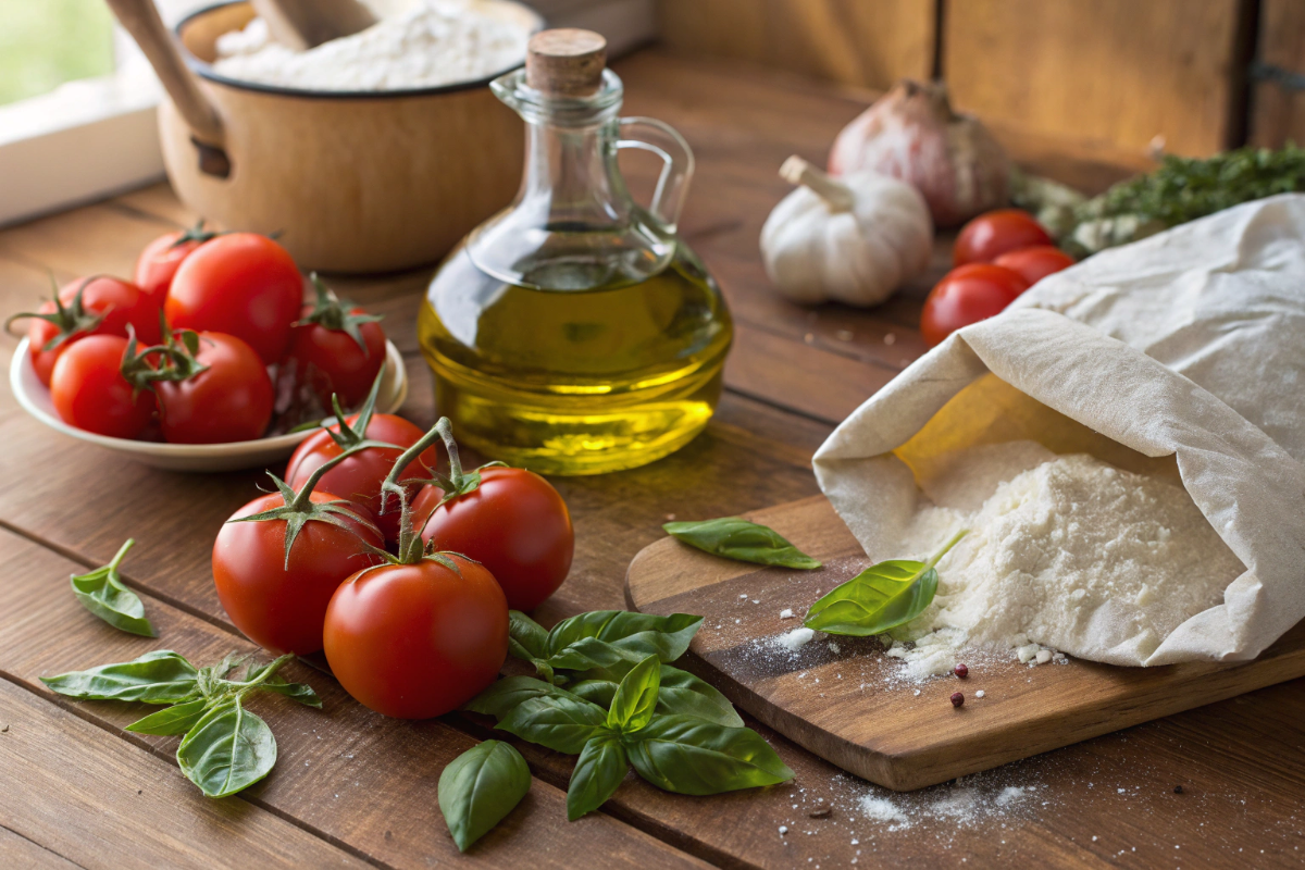 Ingredienti della cucina siciliana: pomodori, basilico e olio d'oliva