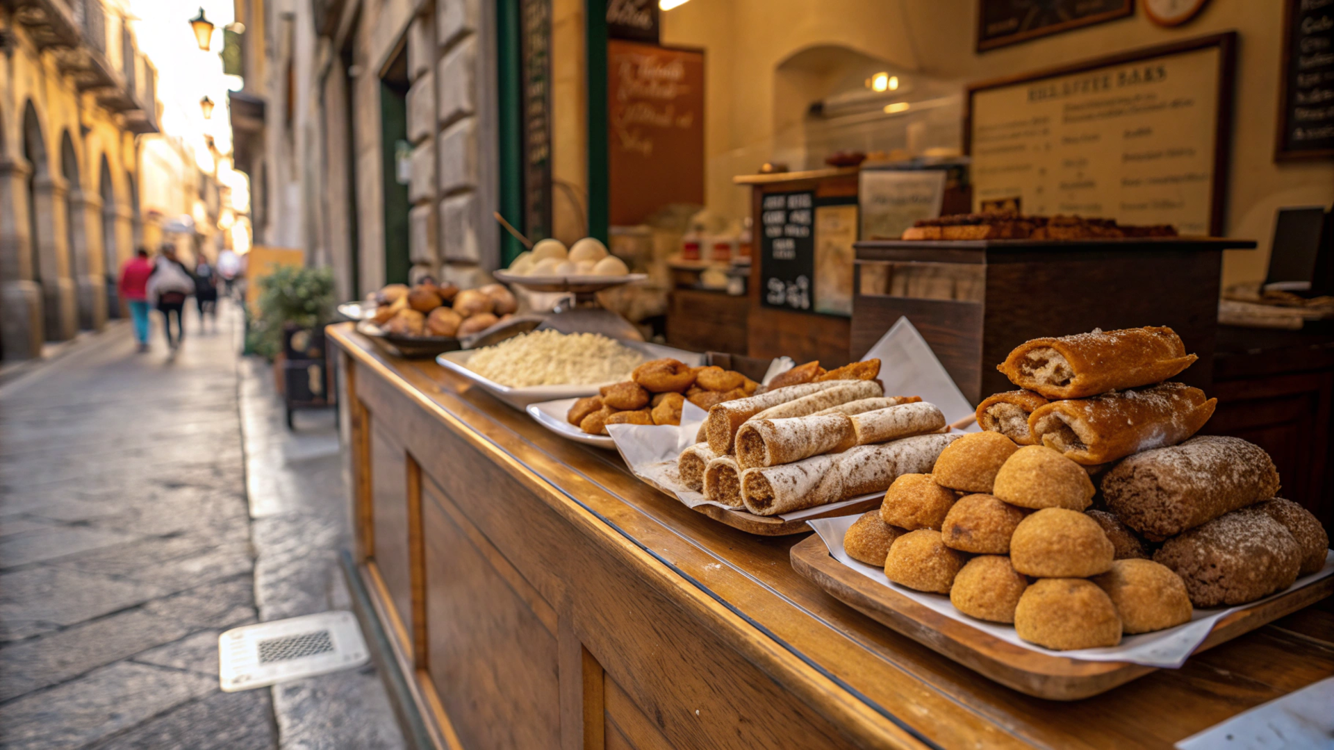 Banco di rosticceria siciliana con cannoli, arancini e dolci